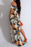 Black And White Sexy Geometric Print Flowers Slit Contrast Off Shoulder Long Dresses