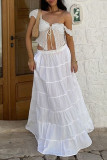 White Sexy Solid Color Lace Patchwork Asymmetrical Collar Tops
