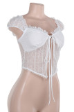 White Sexy Solid Color Lace Patchwork Asymmetrical Collar Tops