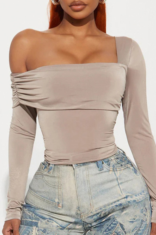 Grey Casual Solid Color Patchwork Backless Asymmetrical Collar Tops