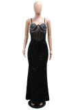 Red Sexy Party Formal Hot Drilling Sequins Patchwork Backless Spaghetti Strap Long Dresses