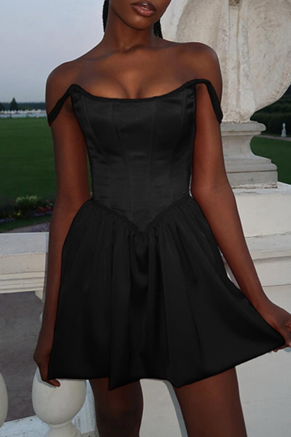 Black Elegant Solid Color Patchwork Backless Square Neck Princess Dresses