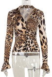 Leopard Print Casual Leopard Print Patchwork Zipper Turndown Collar Tops
