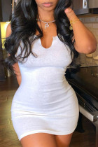 White Sexy Solid Patchwork V Neck A Line Dresses
