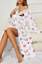 White Pink Sexy Graffiti Print Butterfly Gradient Lace Up Contrast Sleepwear