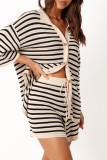 Red Casual Stripe Buckle Patchwork Turndown Collar Half Sleeve Two Pieces