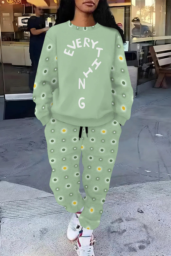 Light Green Casual Street Geometric Print Butterfly Letters Draw String Pocket Contrast O Neck Long Sleeve Two Pieces
