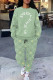 Light Green Casual Street Geometric Print Butterfly Letters Draw String Pocket Contrast O Neck Long Sleeve Two Pieces