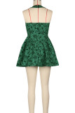 Green Sexy Patchwork Backless Halter A Line Dresses