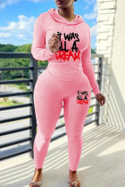 Pink Casual Letters Draw String Patchwork Hooded Long Sleeve Two Pieces