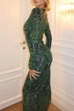 Green Elegant Print Patchwork Deep V Neck Long Dresses
