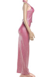 Pink Elegant Solid Color Patchwork Backless Hot Drill Halter Two Pieces