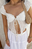 White Sexy Solid Color Lace Patchwork Asymmetrical Collar Tops