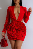 Red Sexy Elegant Solid Color Flowers Hollow Out Deep V Neck Wrapped Skirt Dresses