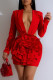 Red Sexy Elegant Solid Color Flowers Hollow Out Deep V Neck Wrapped Skirt Dresses