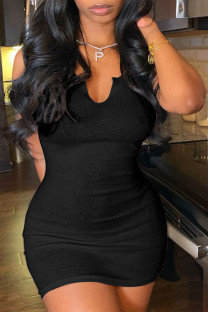 Black Sexy Solid Patchwork V Neck A Line Dresses
