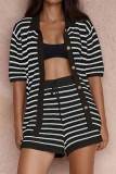 Red Casual Stripe Buckle Patchwork Turndown Collar Half Sleeve Two Pieces