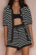 Black Casual Stripe Buckle Patchwork Turndown Collar Half Sleeve Two Pieces