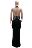 Red Sexy Party Formal Solid Color Patchwork Backless Hot Drill Halter Long Dresses