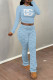 Sky Blue Casual Street Letter Print Stripe Contrast O Neck Long Sleeve Two Pieces