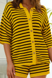 Red Casual Stripe Buckle Patchwork Turndown Collar Half Sleeve Two Pieces