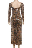 Leopard Print Casual Leopard Print Patchwork Slit Square Neck Long Dresses