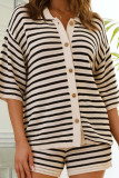 Red Casual Stripe Buckle Patchwork Turndown Collar Half Sleeve Two Pieces