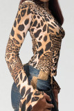 Leopard Print Casual Leopard Print Patchwork Zipper Turndown Collar Tops