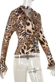 Leopard Print Casual Leopard Print Patchwork Zipper Turndown Collar Tops