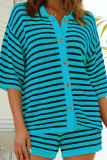 Red Casual Stripe Buckle Patchwork Turndown Collar Half Sleeve Two Pieces