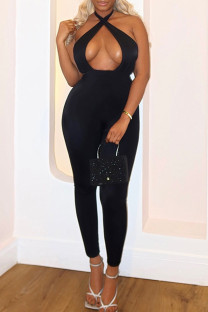 Black Casual Solid Color Hollow Out Patchwork Backless Halter Skinny Jumpsuits