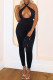 Black Casual Solid Color Hollow Out Patchwork Backless Halter Skinny Jumpsuits