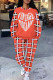 Tangerine Red Casual Street Geometric Print Butterfly Letters Draw String Pocket Contrast O Neck Long Sleeve Two Pieces