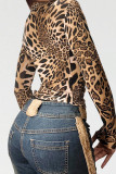 Leopard Print Casual Leopard Print Patchwork Zipper Turndown Collar Tops
