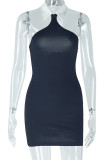 Black Sexy Patchwork Backless Contrast Turndown Collar Wrapped Skirt Dresses