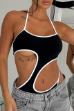 White Sexy Hollow Out Patchwork Spaghetti Strap Skinny Bodysuits