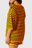 Red Casual Stripe Buckle Patchwork Turndown Collar Half Sleeve Two Pieces