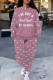 Rose Purple Casual Street Geometric Print Butterfly Letters Draw String Pocket Contrast O Neck Long Sleeve Two Pieces