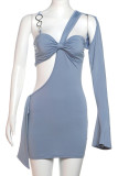 Blue Sexy Solid Color Hollow Out Patchwork Asymmetrical Collar Wrapped Skirt Dresses