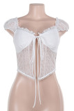 White Sexy Solid Color Lace Patchwork Asymmetrical Collar Tops