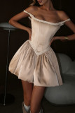 Champagne Elegant Solid Color Patchwork Backless Square Neck Princess Dresses