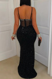 Red Sexy Party Formal Hot Drilling Sequins Patchwork Backless Spaghetti Strap Long Dresses