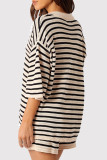 Red Casual Stripe Buckle Patchwork Turndown Collar Half Sleeve Two Pieces
