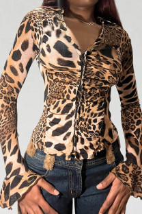 Leopard Print Casual Leopard Print Patchwork Zipper Turndown Collar Tops