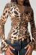 Leopard Print Casual Leopard Print Patchwork Zipper Turndown Collar Tops