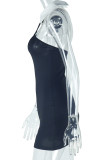 Black Sexy Patchwork Backless Contrast Turndown Collar Wrapped Skirt Dresses