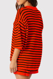 Red Casual Stripe Buckle Patchwork Turndown Collar Half Sleeve Two Pieces
