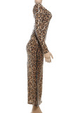 Leopard Print Casual Leopard Print Patchwork Slit Square Neck Long Dresses