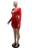 Red Sexy Elegant Solid Color Flowers Hollow Out Deep V Neck Wrapped Skirt Dresses