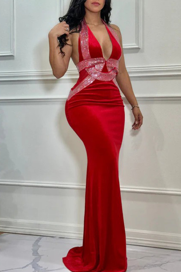 Red Sexy Party Formal Solid Color Patchwork Backless Hot Drill Halter Long Dresses